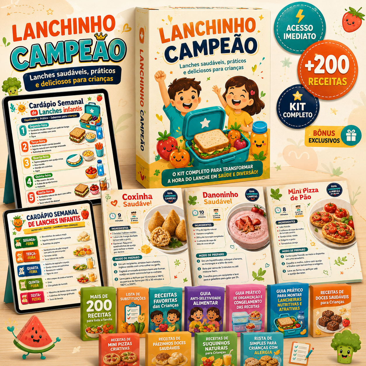 Mockup do produto Lanchinho Campeão com cardápios, receitas e materiais inclusos
